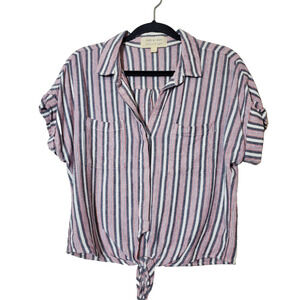 Cloth & Stone Top Womens Medium Linen Rayon Boxy Striped‎ Pullover Knotted Front
